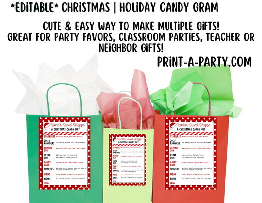 GIFT IDEA: Christmas Candy Gram EDITABLE Template for printing - Ideal DIY Holiday Gift for Classrooms, Neighbors, Teachers, Coworkers, Friends