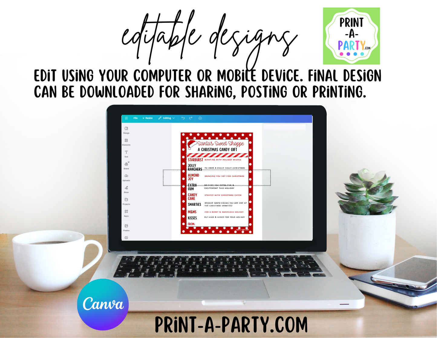 GIFT IDEA: Christmas Candy Gram EDITABLE Template for printing - Ideal DIY Holiday Gift for Classrooms, Neighbors, Teachers, Coworkers, Friends