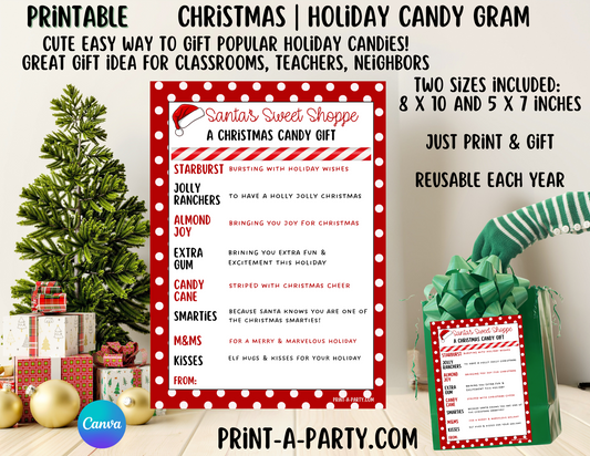 GIFT IDEA: Christmas Candy Gram Printable - Ideal DIY Holiday Gift for Classrooms, Neighbors, Teachers, Coworkers, Friends