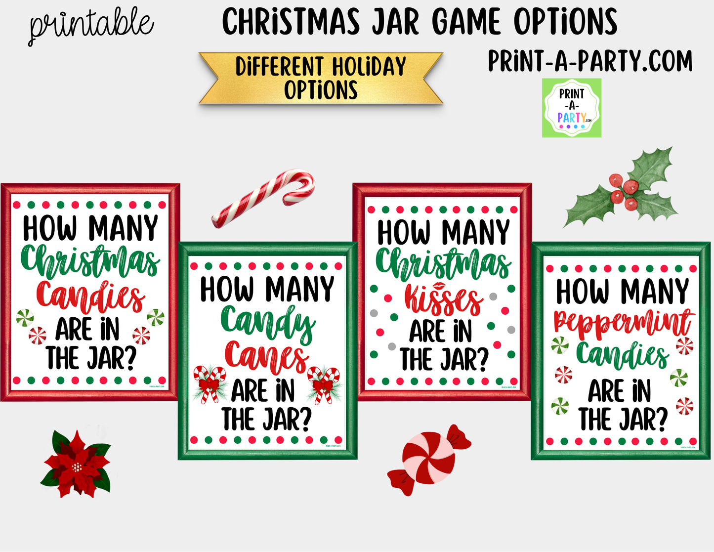 Christmas Candy Canes Jar Game Printable Sign (8x10) & guessing cards for Holiday events