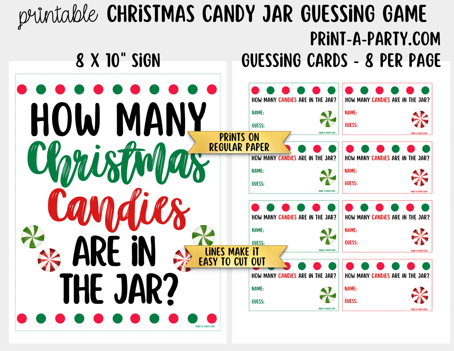 Christmas Candy Jar Game Printable Sign (8x10) & guessing cards for holiday parties, classrooms, decor and events