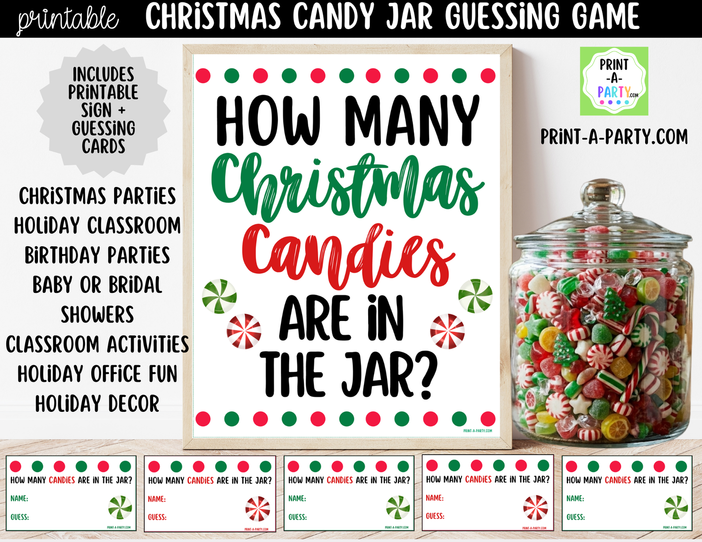 Christmas Candy Jar Game Printable Sign (8x10) & guessing cards for holiday parties, classrooms, decor and events