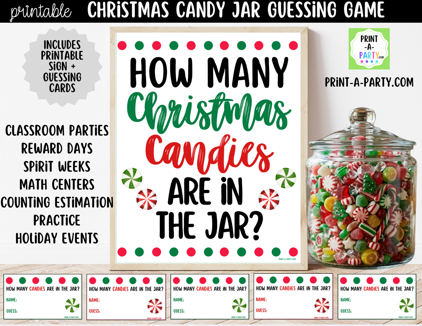 Christmas Candy Jar Game Printable Sign (8x10) & guessing cards for holiday parties, classrooms, decor and events