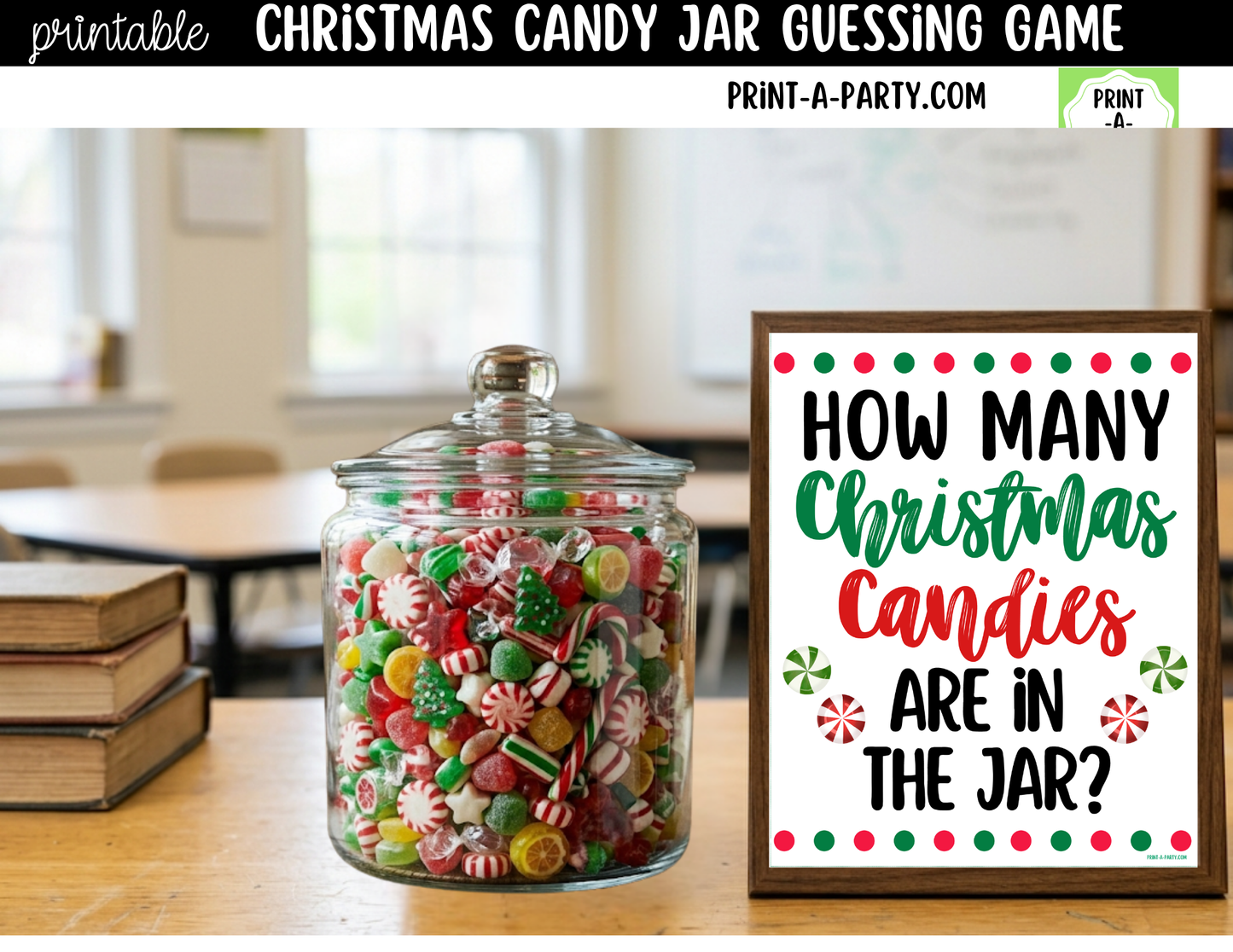 Christmas Candy Jar Game Printable Sign (8x10) & guessing cards for holiday parties, classrooms, decor and events