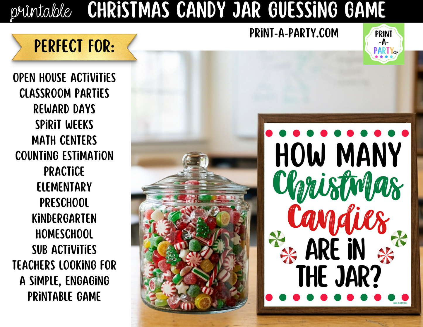 Christmas Candy Jar Game Printable Sign (8x10) & guessing cards for holiday parties, classrooms, decor and events
