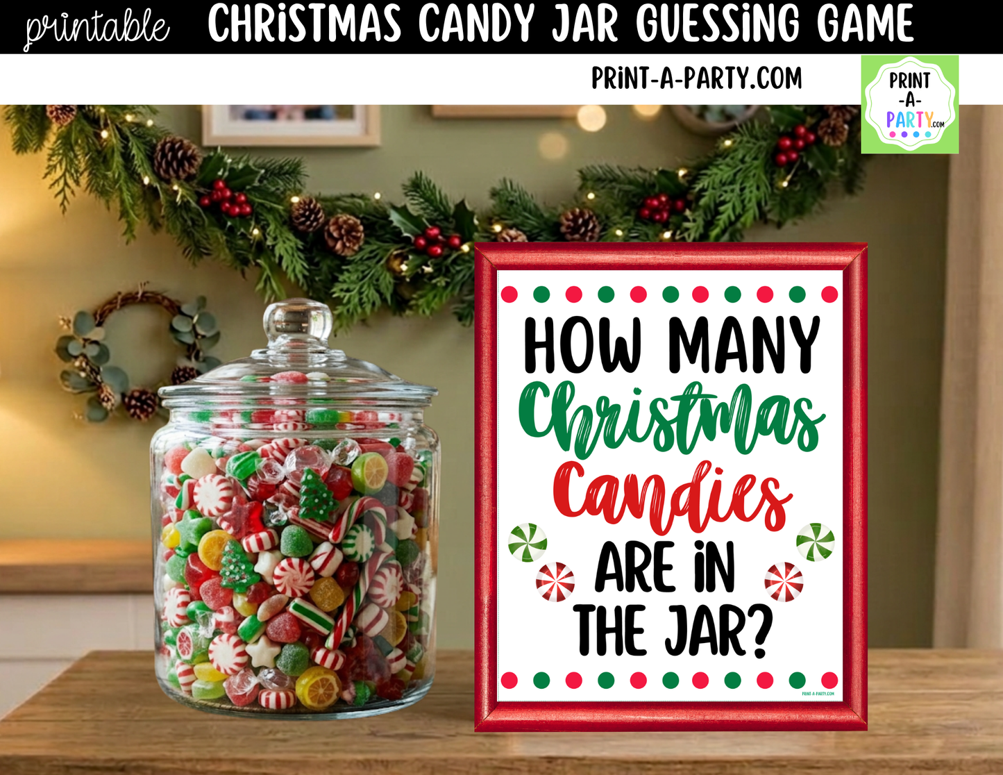 Christmas Candy Jar Game Printable Sign (8x10) & guessing cards for holiday parties, classrooms, decor and events
