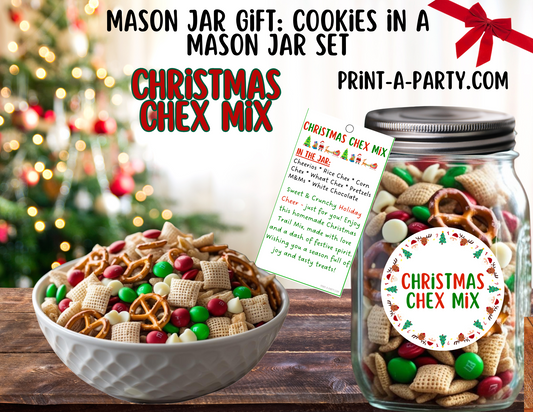 MASON JAR GIFT: Christmas Chex Mix in a Mason Jar Printable Kit - DIY Holiday Gift for Teachers, Neighbors, Coworkers and more!