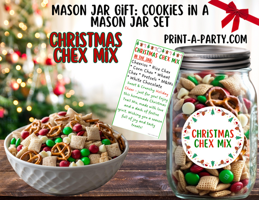 MASON JAR GIFT: Christmas Chex Mix in a Mason Jar Printable Kit - DIY Holiday Gift for Teachers, Neighbors, Coworkers and more!