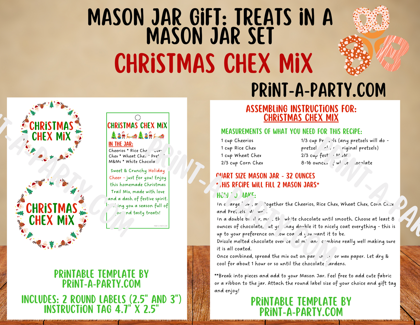 MASON JAR GIFT: Christmas Chex Mix in a Mason Jar Printable Kit - DIY Holiday Gift for Teachers, Neighbors, Coworkers and more!