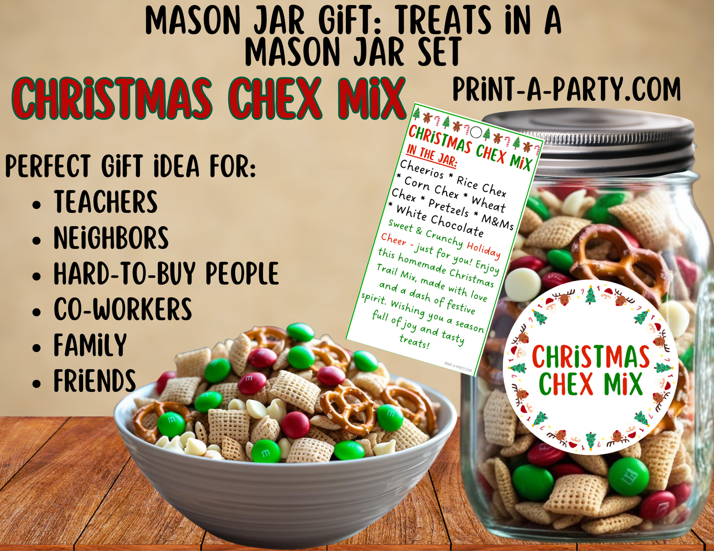 MASON JAR GIFT: Christmas Chex Mix in a Mason Jar Printable Kit - DIY Holiday Gift for Teachers, Neighbors, Coworkers and more!