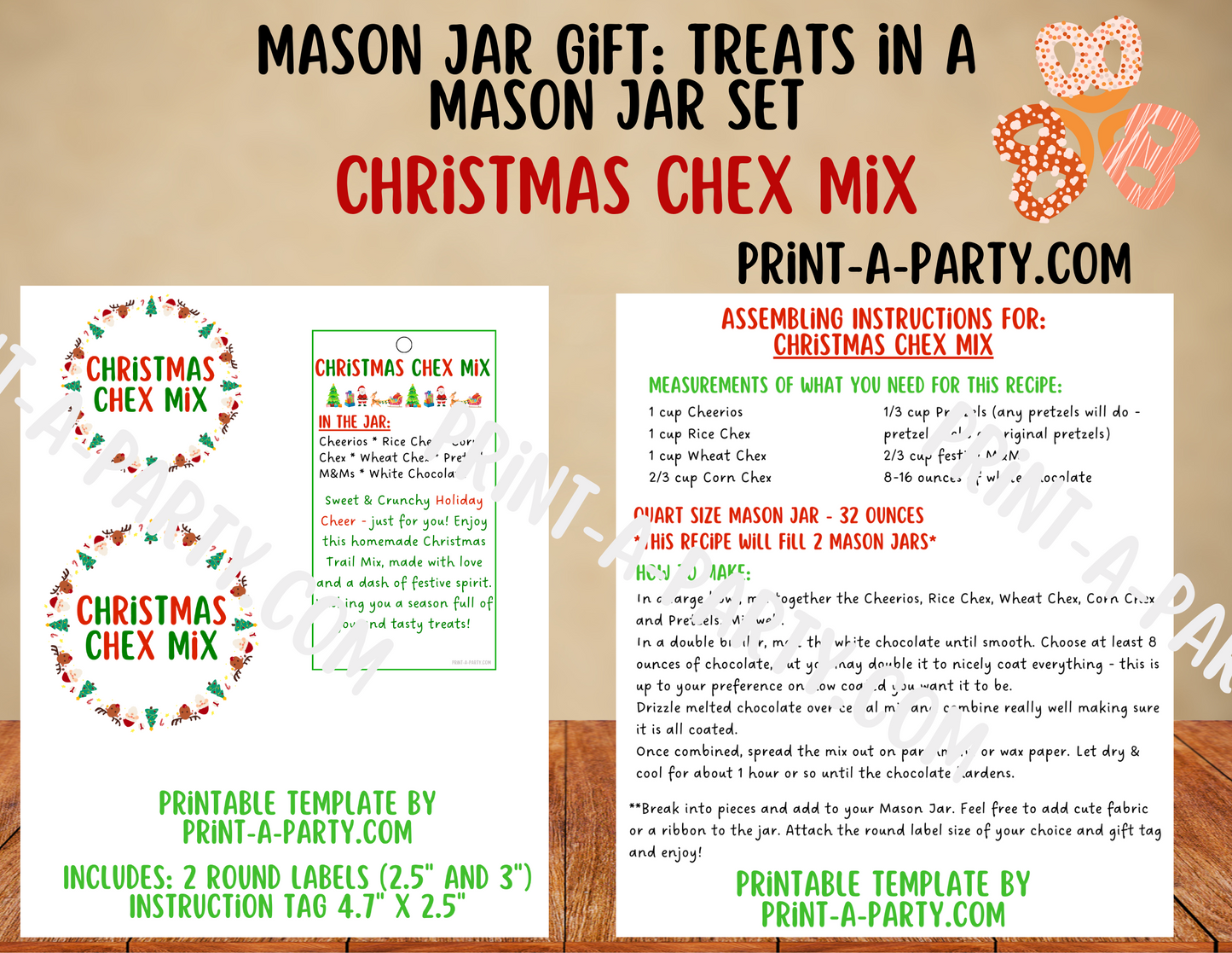 MASON JAR TREAT GIFT: Christmas Chex Mix in a Mason Jar | Treat in a jar gift | Christmas Chex Mix Mason Jar | Mason Jar Gift Kit