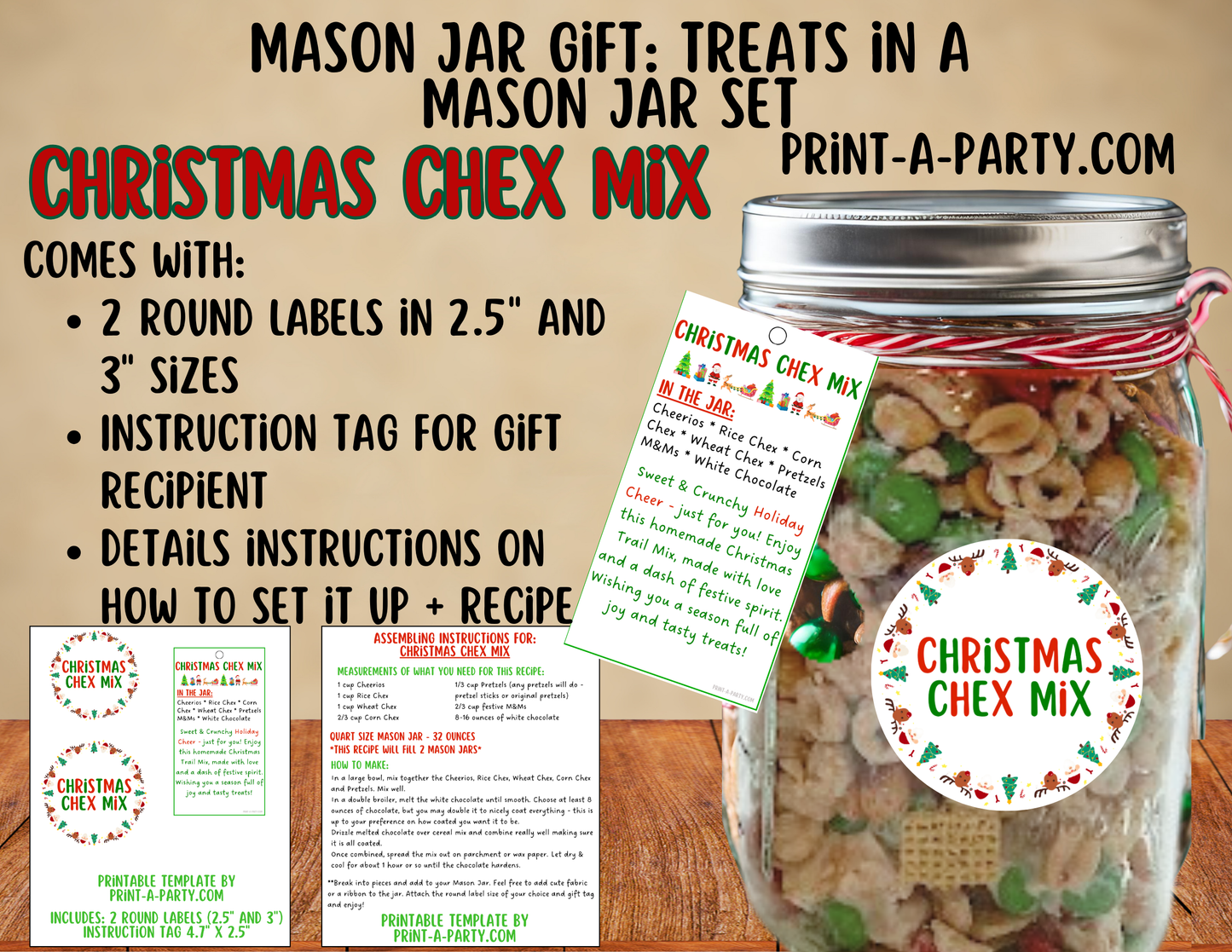 MASON JAR TREAT GIFT: Christmas Chex Mix in a Mason Jar | Treat in a jar gift | Christmas Chex Mix Mason Jar | Mason Jar Gift Kit