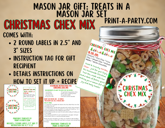 MASON JAR TREAT GIFT: Christmas Chex Mix in a Mason Jar | Treat in a jar gift | Christmas Chex Mix Mason Jar | Mason Jar Gift Kit | Holiday Gift Idea