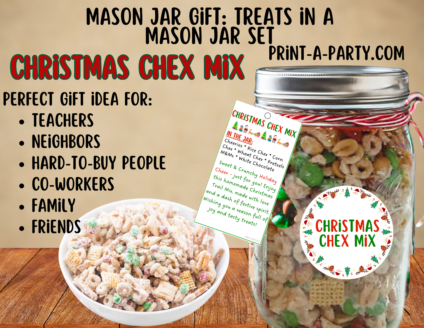 MASON JAR TREAT GIFT: Christmas Chex Mix in a Mason Jar | Treat in a jar gift | Christmas Chex Mix Mason Jar | Mason Jar Gift Kit | Holiday Gift Idea