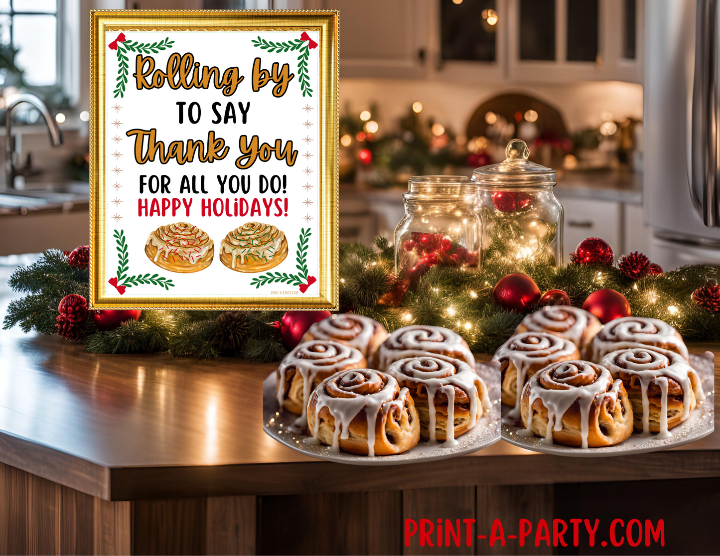 Holiday Appreciation CINNAMON ROLLS | Christmas Holiday Appreciation Sign | Rolling By to Say Thank You For All You Do! | Holiday Party | Teacher Appreciation Sign | Christmas Cinnamon Roll Sign | Employee Staff Appreciation