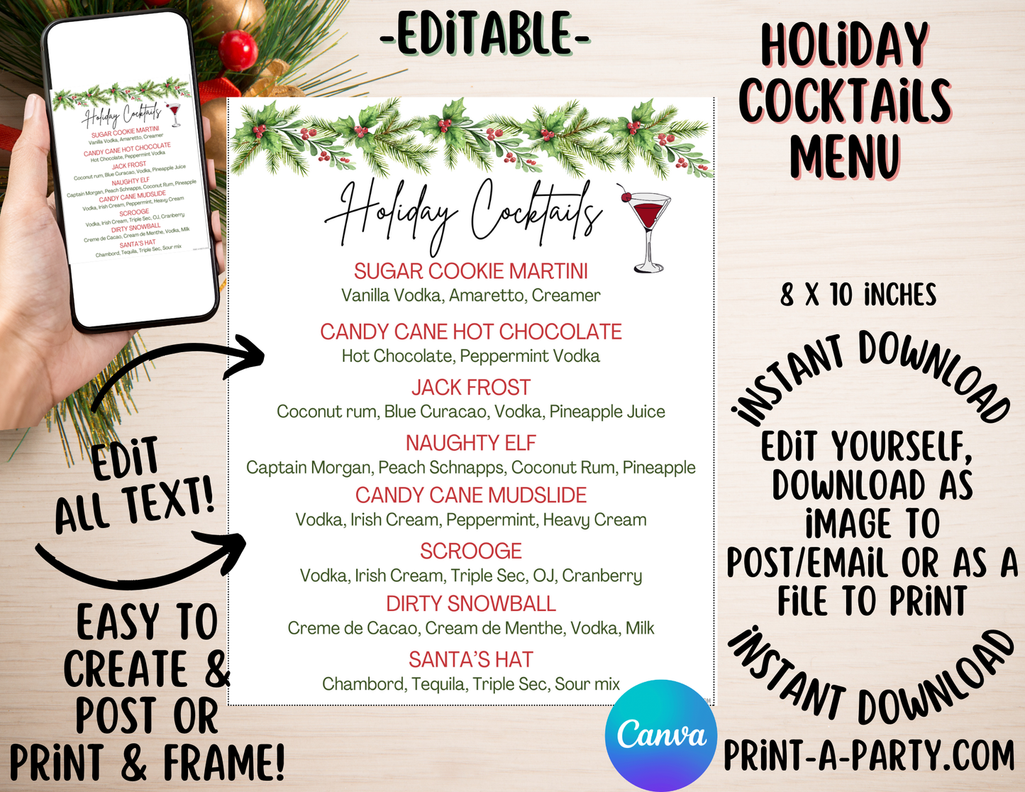 CHRISTMAS EDITABLE COCKTAIL MENU: Holiday Cocktail Menu for party | Holiday Party | Christmas Party