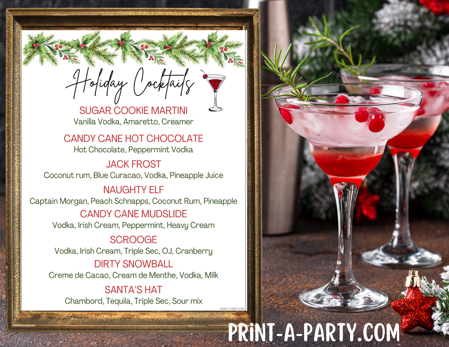 CHRISTMAS EDITABLE COCKTAIL MENU: Holiday Cocktail Menu for party | Holiday Party | Christmas Party