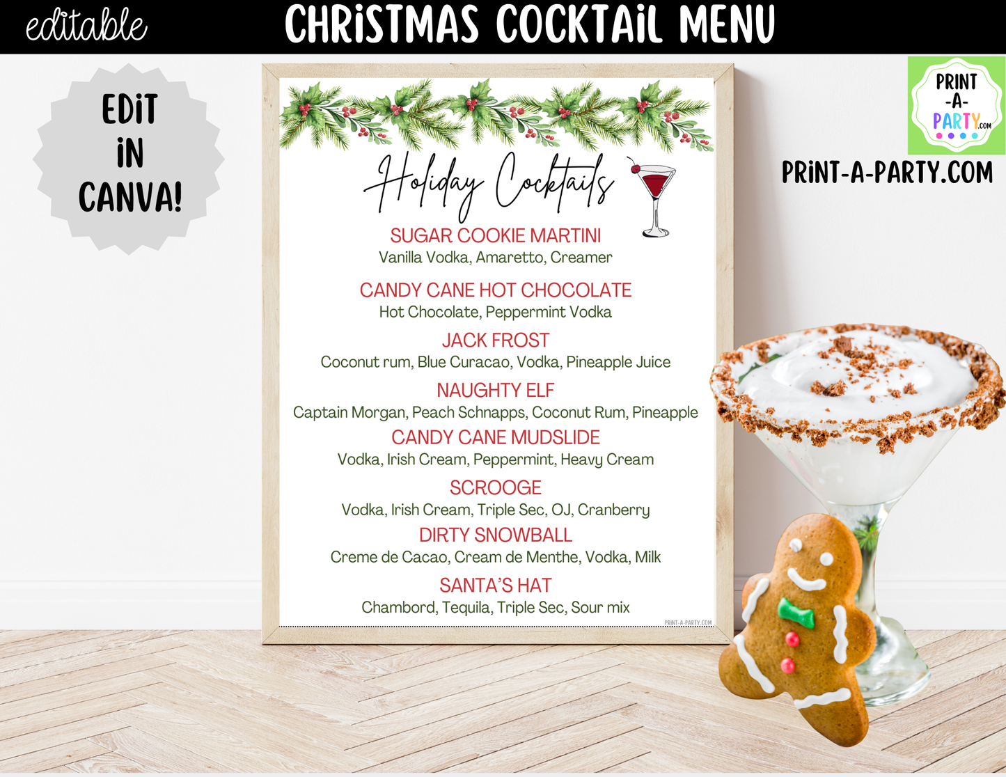 Christmas Cocktail Menu Printable | Editable Canva Holiday Bar Sign for Parties