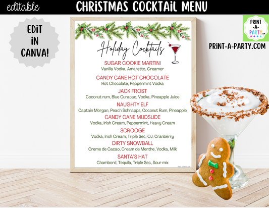Christmas Cocktail Menu Printable | Editable Canva Holiday Bar Sign for Parties