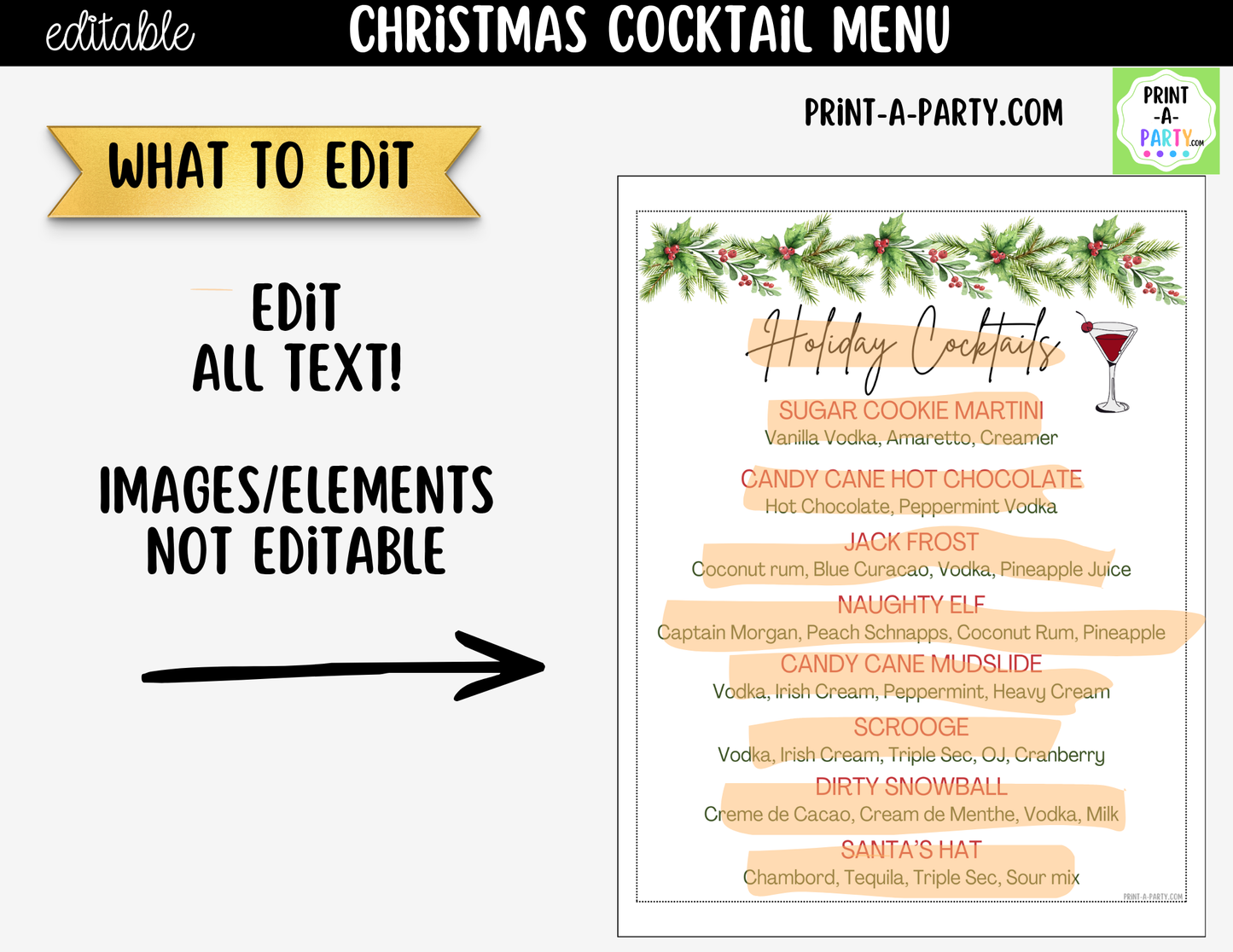 Christmas Cocktail Menu Printable | Editable Canva Holiday Bar Sign for Parties