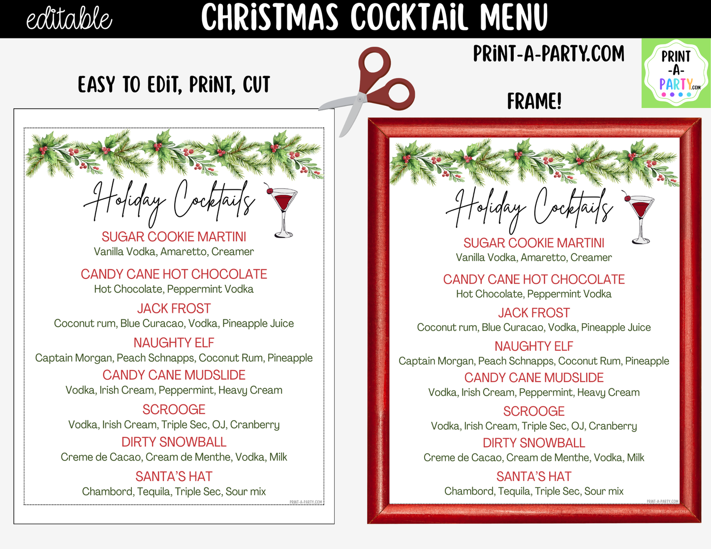 Christmas Cocktail Menu Printable | Editable Canva Holiday Bar Sign for Parties