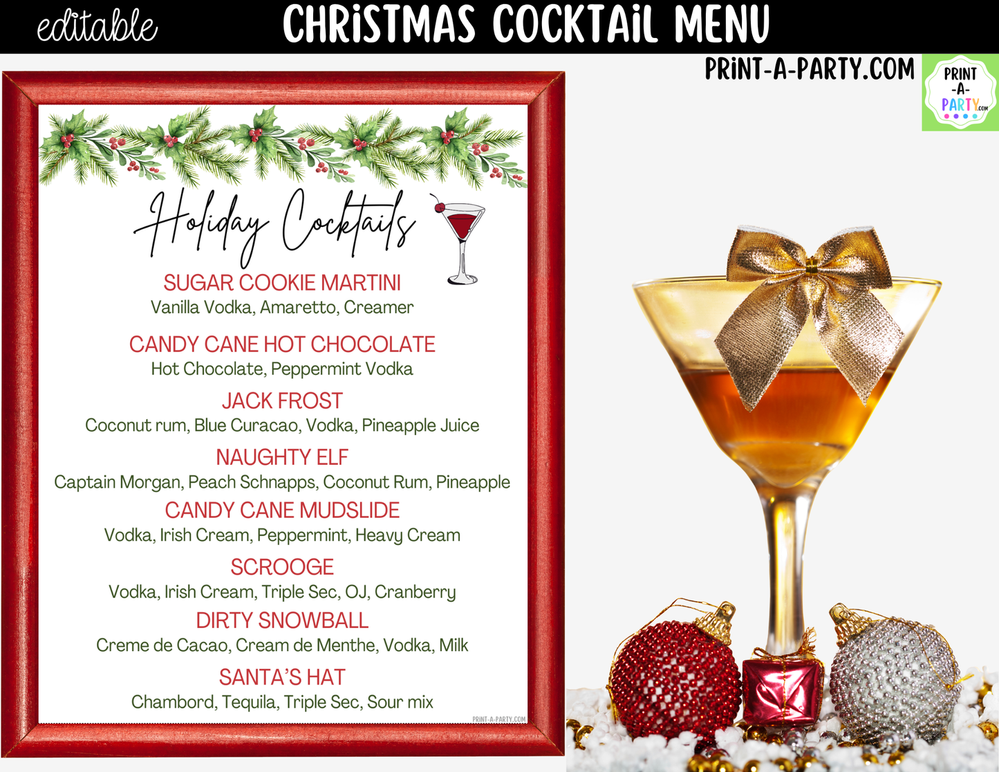 Christmas Cocktail Menu Printable | Editable Canva Holiday Bar Sign for Parties