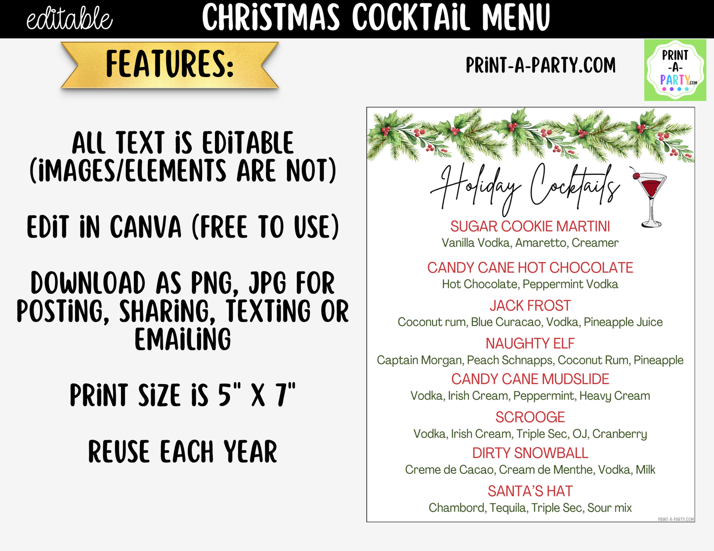 Christmas Cocktail Menu Printable | Editable Canva Holiday Bar Sign for Parties