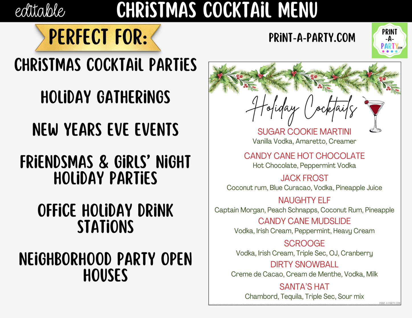 Christmas Cocktail Menu Printable | Editable Canva Holiday Bar Sign for Parties