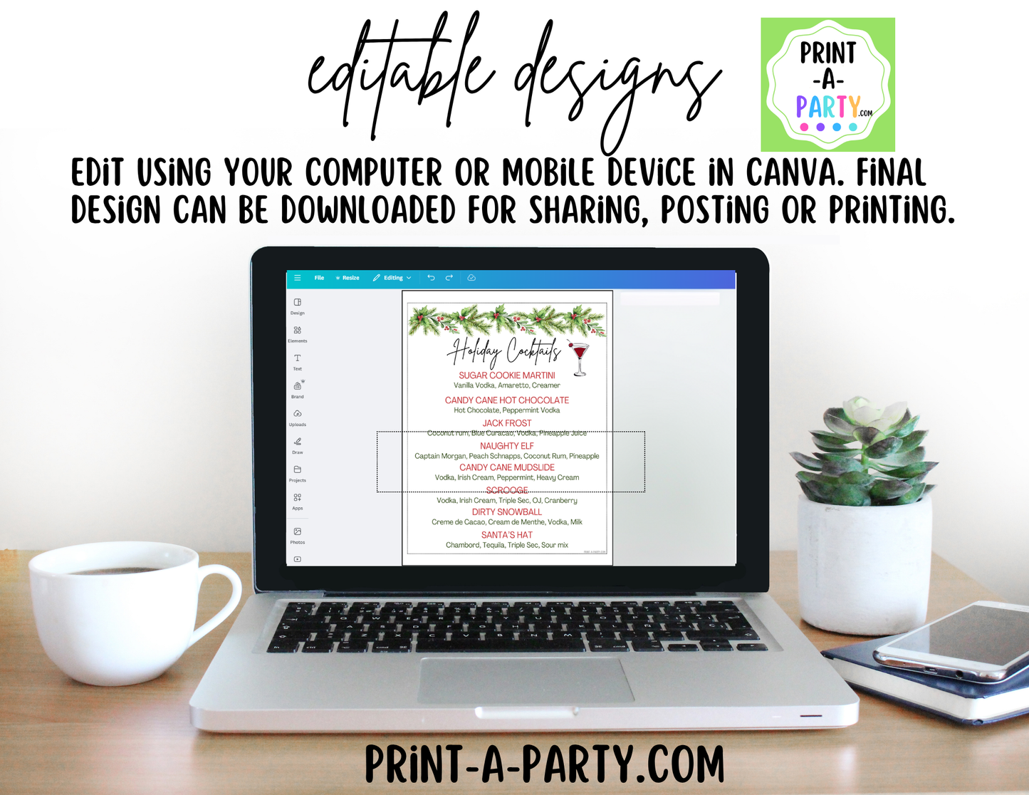 Christmas Cocktail Menu Printable | Editable Canva Holiday Bar Sign for Parties