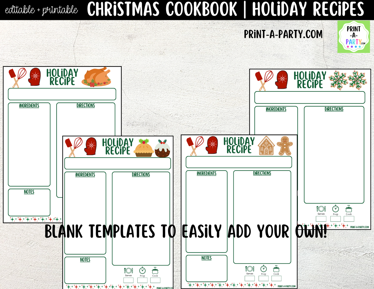 Christmas Cookbook Printable Editable | Holiday Recipe Binder & Recipe Cards Template