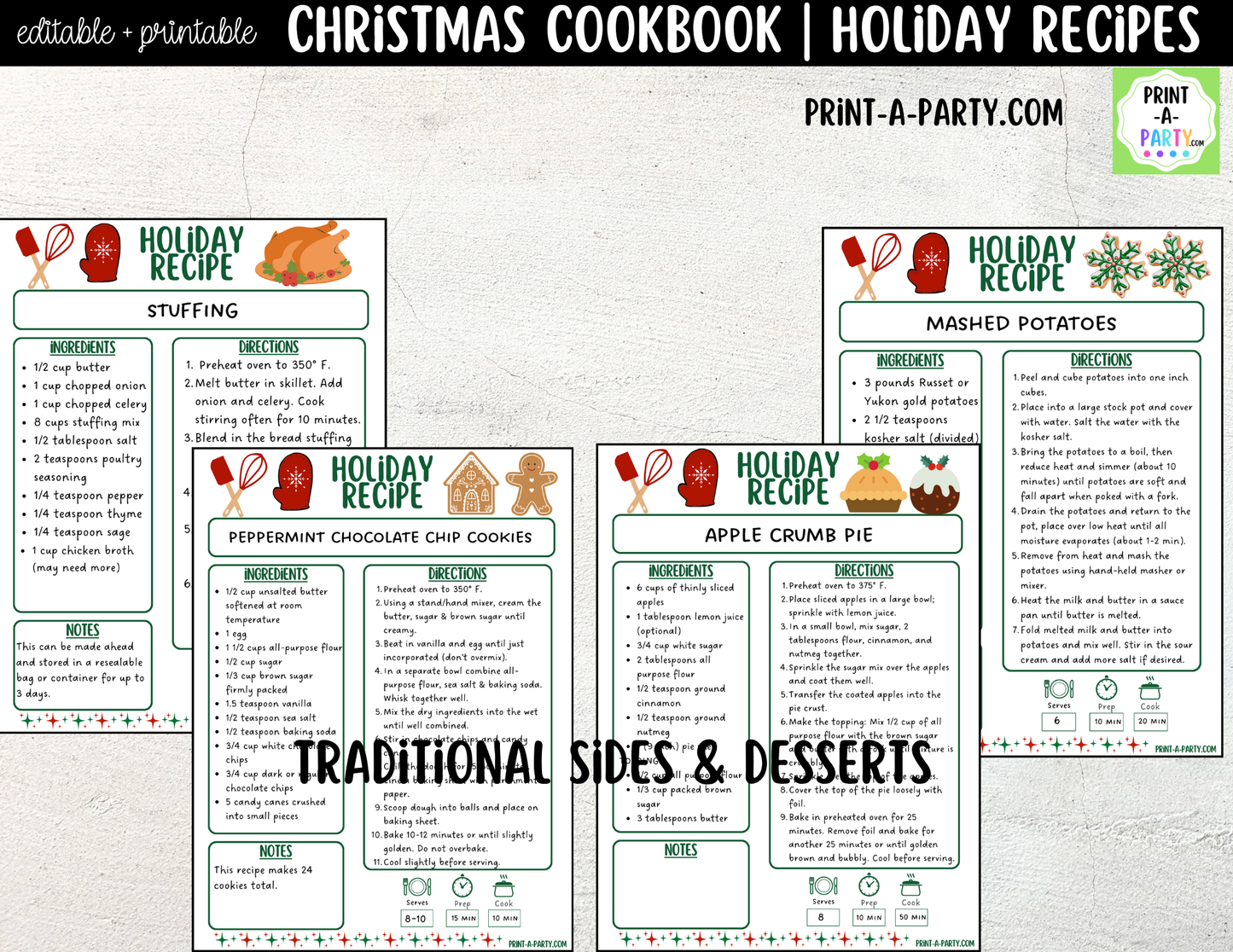 Christmas Cookbook Printable Editable | Holiday Recipe Binder & Recipe Cards Template