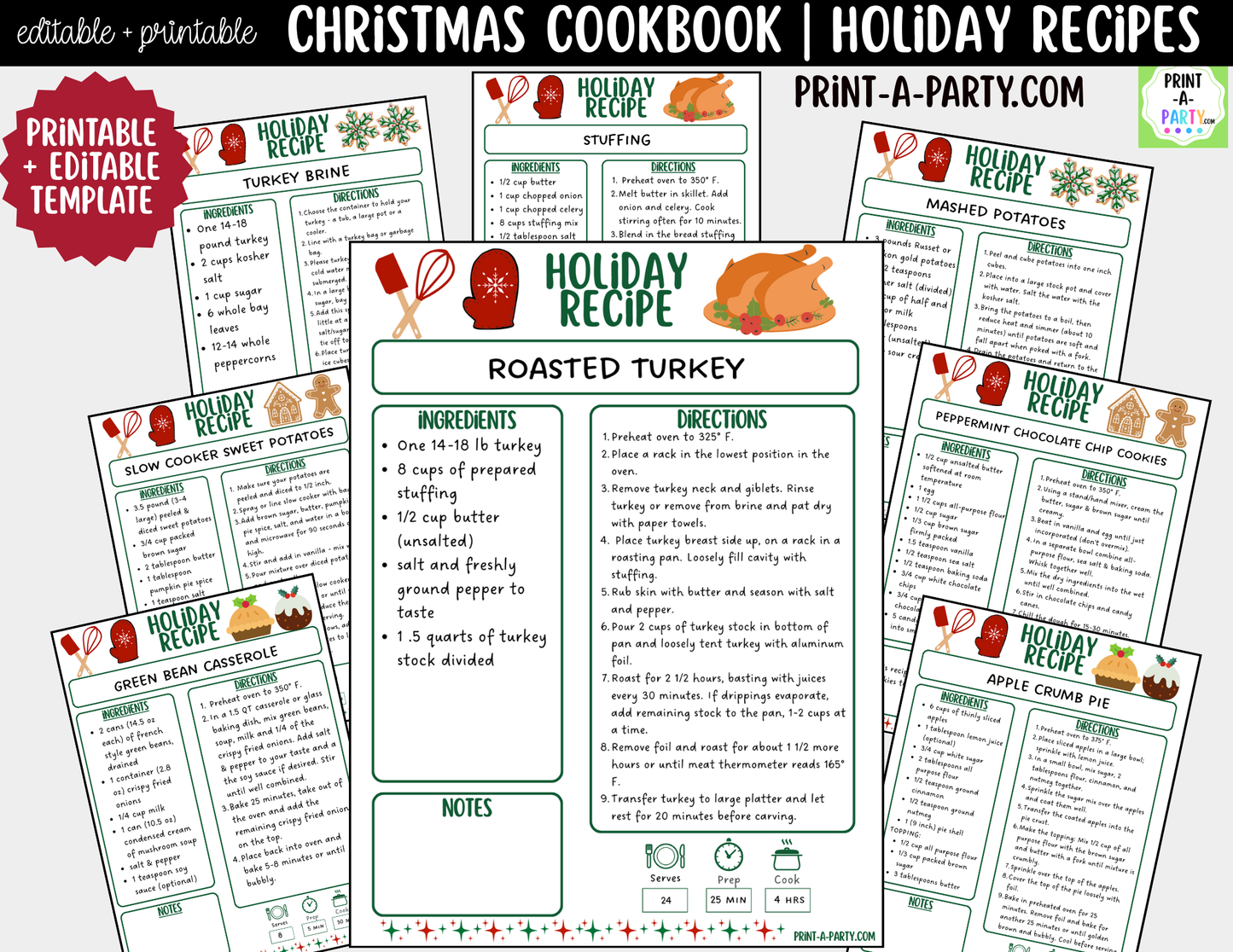 Christmas Cookbook Printable Editable | Holiday Recipe Binder & Recipe Cards Template