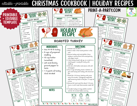 Christmas Cookbook Printable Editable | Holiday Recipe Binder & Recipe Cards Template