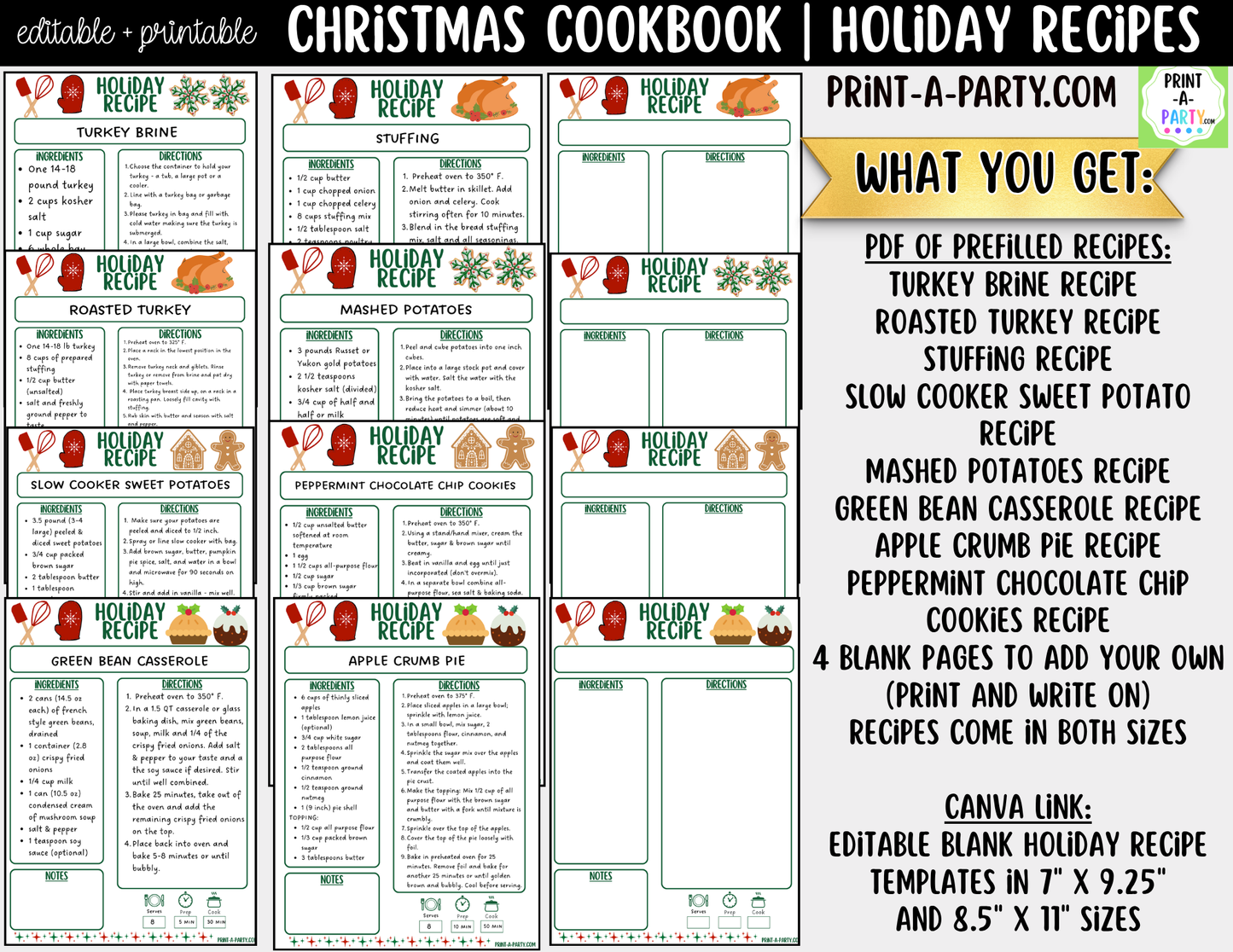 Christmas Cookbook Printable Editable | Holiday Recipe Binder & Recipe Cards Template