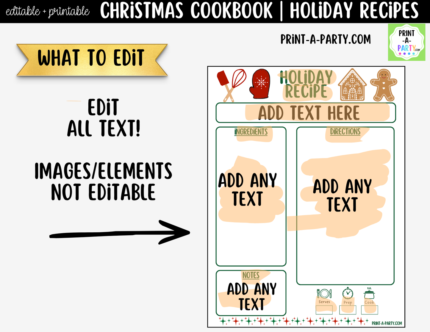 Christmas Cookbook Printable Editable | Holiday Recipe Binder & Recipe Cards Template