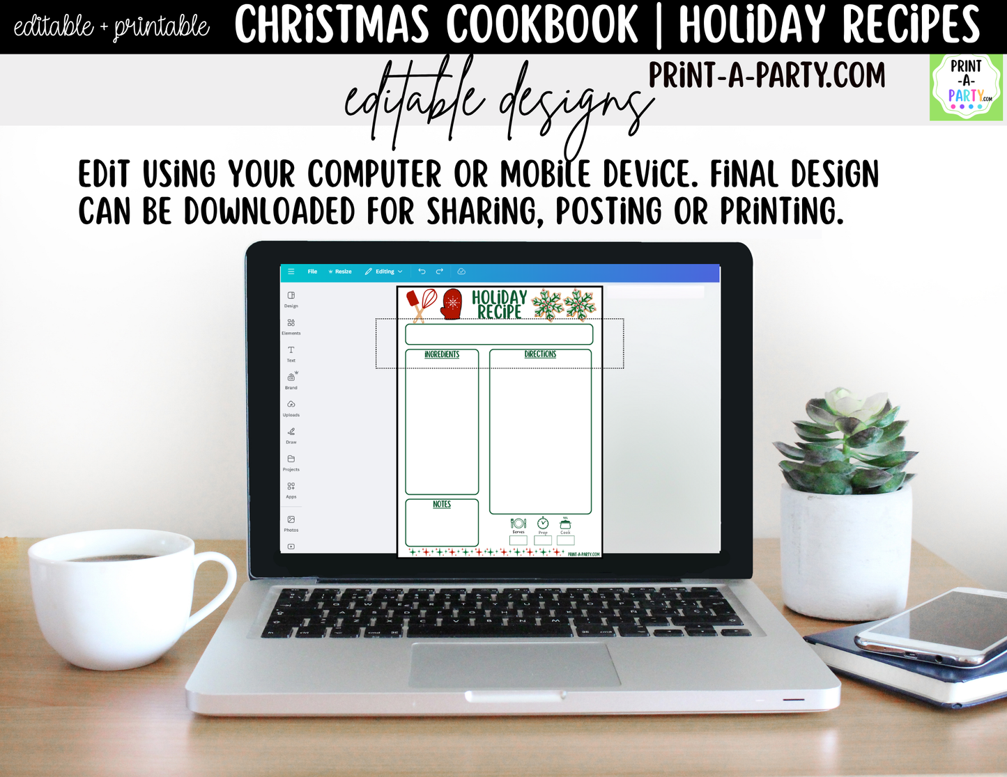 Christmas Cookbook Printable Editable | Holiday Recipe Binder & Recipe Cards Template
