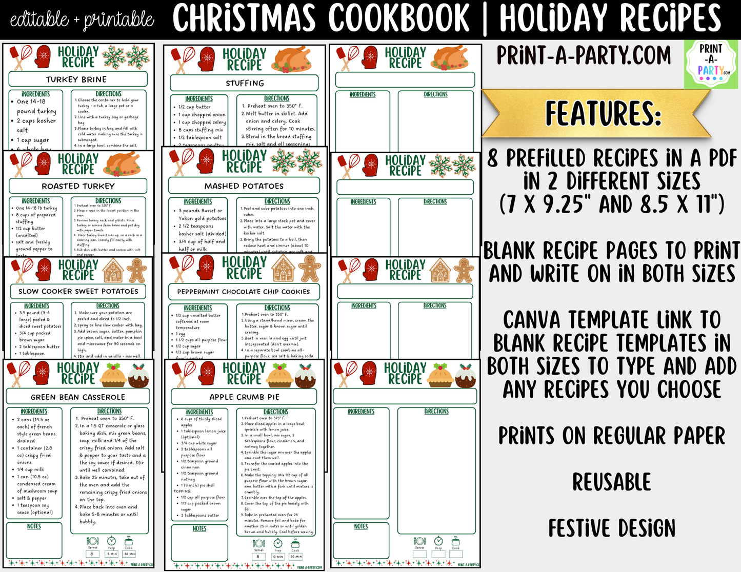 Christmas Cookbook Printable Editable | Holiday Recipe Binder & Recipe Cards Template