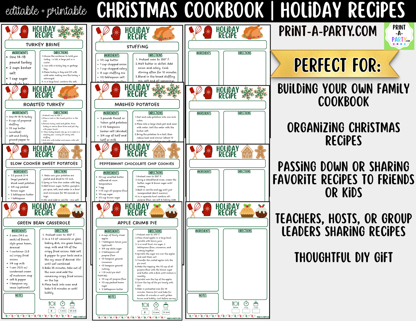 Christmas Cookbook Printable Editable | Holiday Recipe Binder & Recipe Cards Template