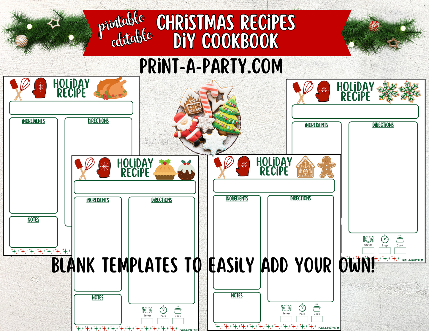 Editable Printable Christmas Cookbook – Holiday Recipe Binder & Planner with Recipe Cards