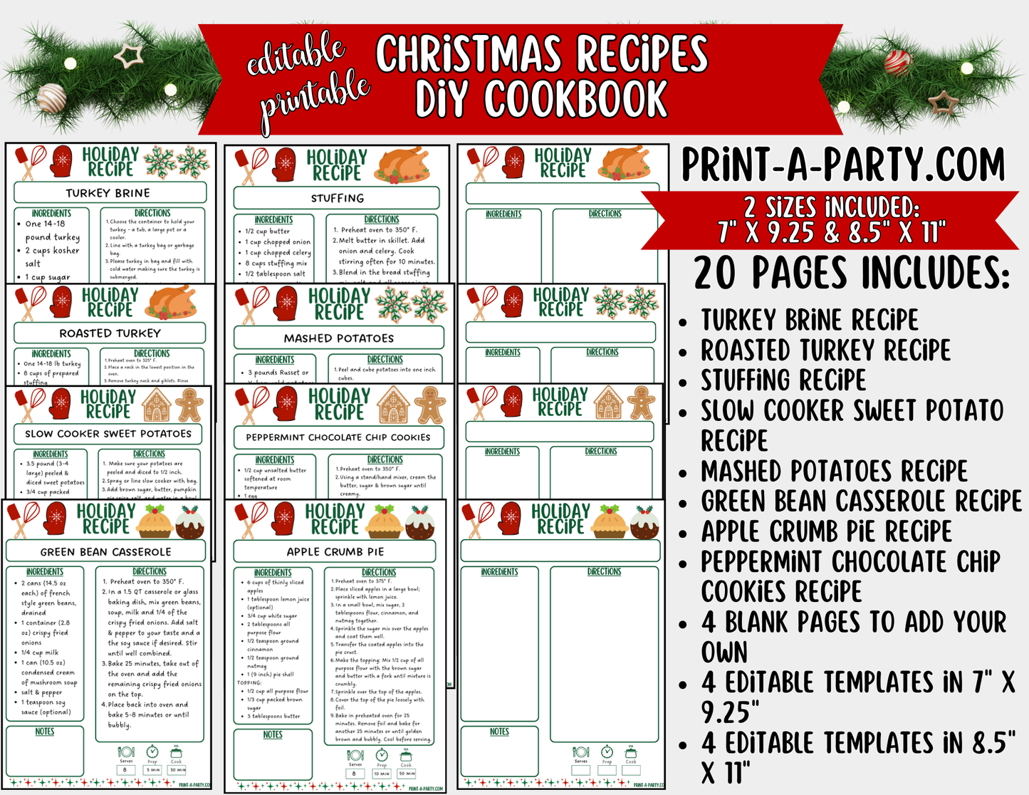 Editable Printable Christmas Cookbook – Holiday Recipe Binder & Planner with Recipe Cards