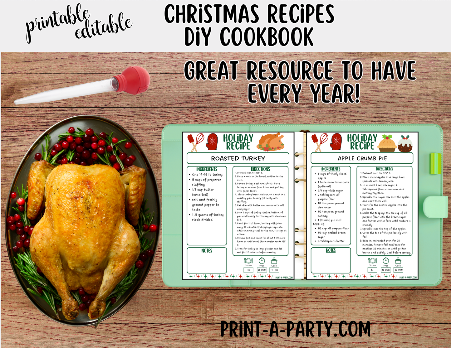 Editable Printable Christmas Cookbook – Holiday Recipe Binder & Planner with Recipe Cards