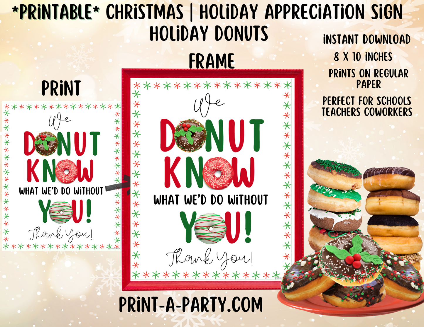 Appreciation Sign: Holiday DONUT BAR - Printable Holiday Donut Bar Sign – Festive 8x10 Appreciation Decor for Staff, Teachers & Volunteers