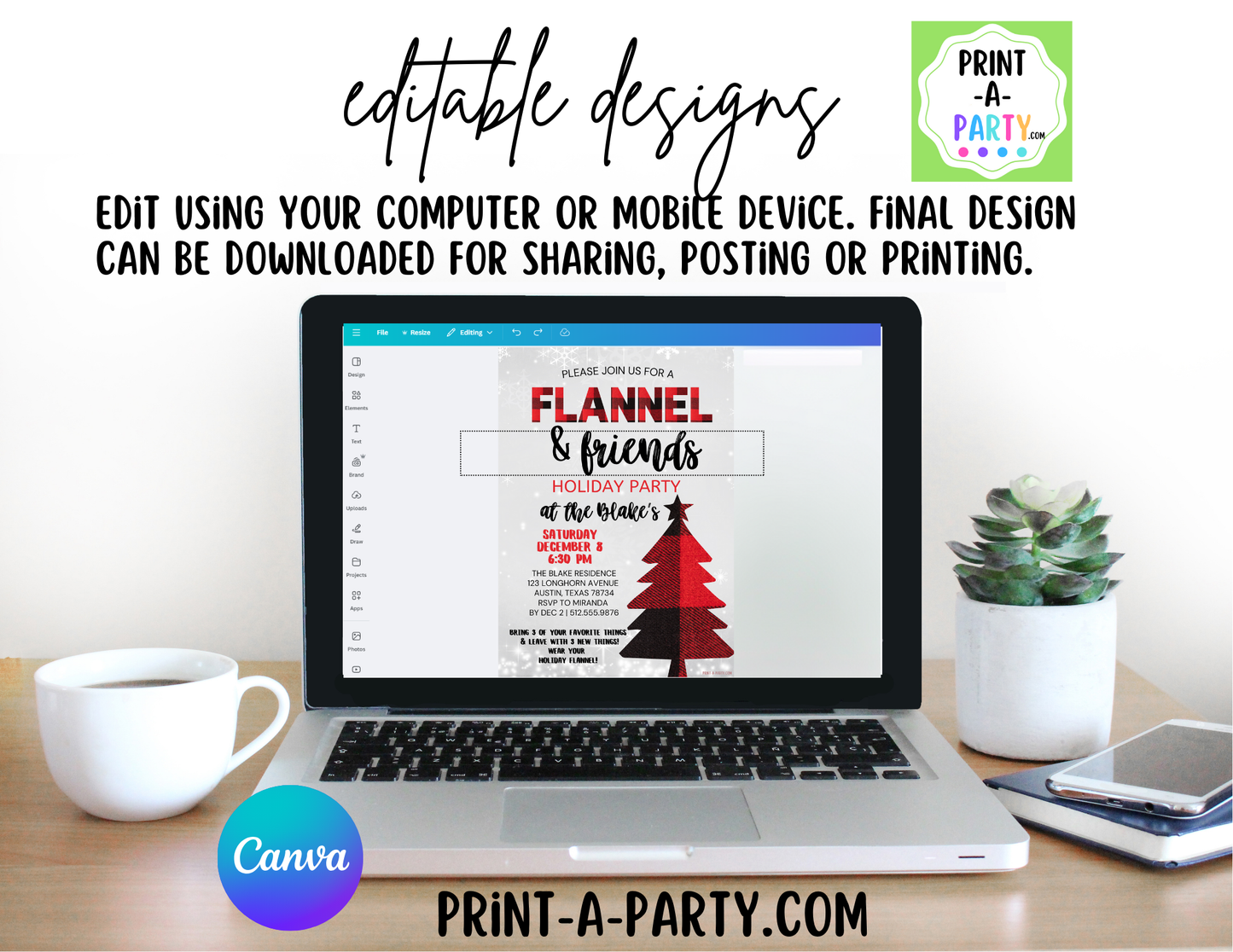FLANNEL & FRIENDS or FAMILY HOLIDAY PARTY INVITATION - Editable Flannel-Themed Holiday & Christmas Invitation for Easy Digital or Print Sharing