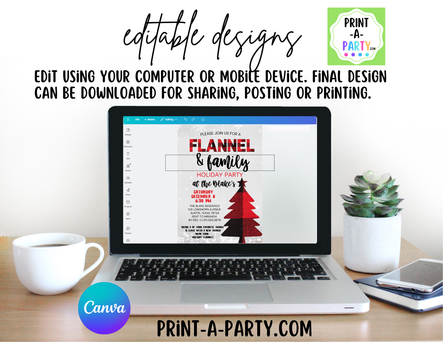 FLANNEL & FRIENDS or FAMILY HOLIDAY PARTY INVITATION - Editable Flannel-Themed Holiday & Christmas Invitation for Easy Digital or Print Sharing