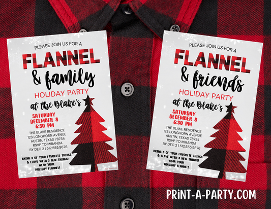 FLANNEL & FRIENDS or FAMILY HOLIDAY PARTY INVITATION - Editable Flannel-Themed Holiday & Christmas Invitation for Easy Digital or Print Sharing