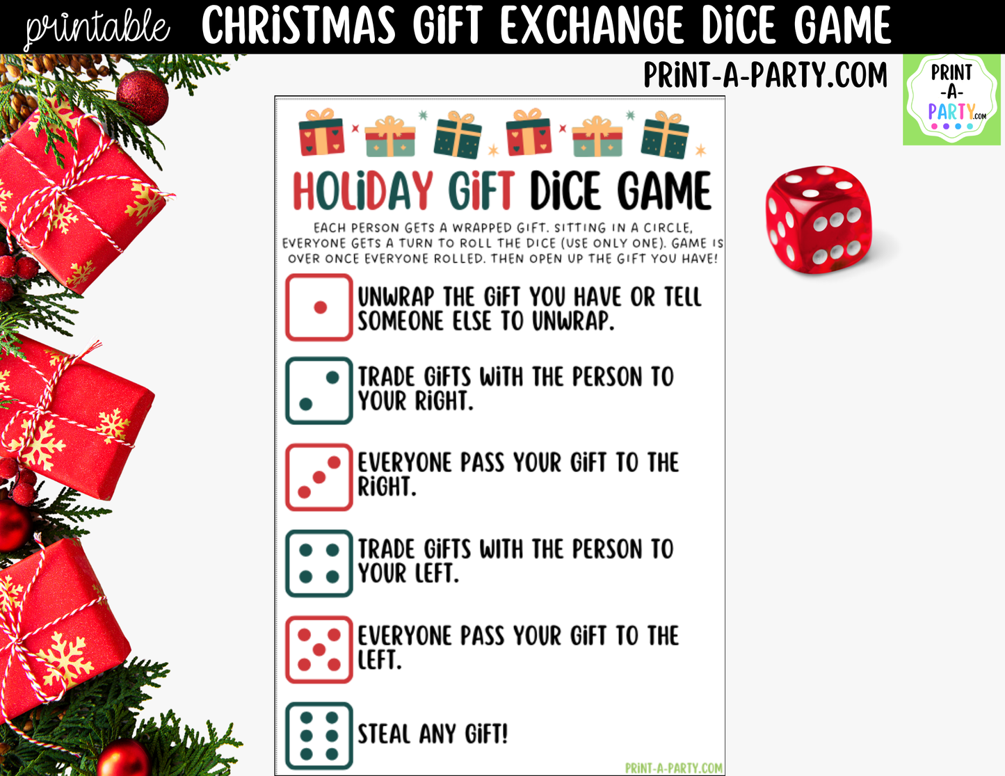 Christmas Dice Game Printable | White Elephant & Gift Exchange Party Game