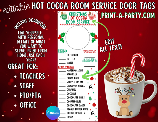 Holiday Appreciation HOT CHOCOLATE ROOM SERVICE TAGS - Editable Printable for Christmas and Winter Appreciation Gifts