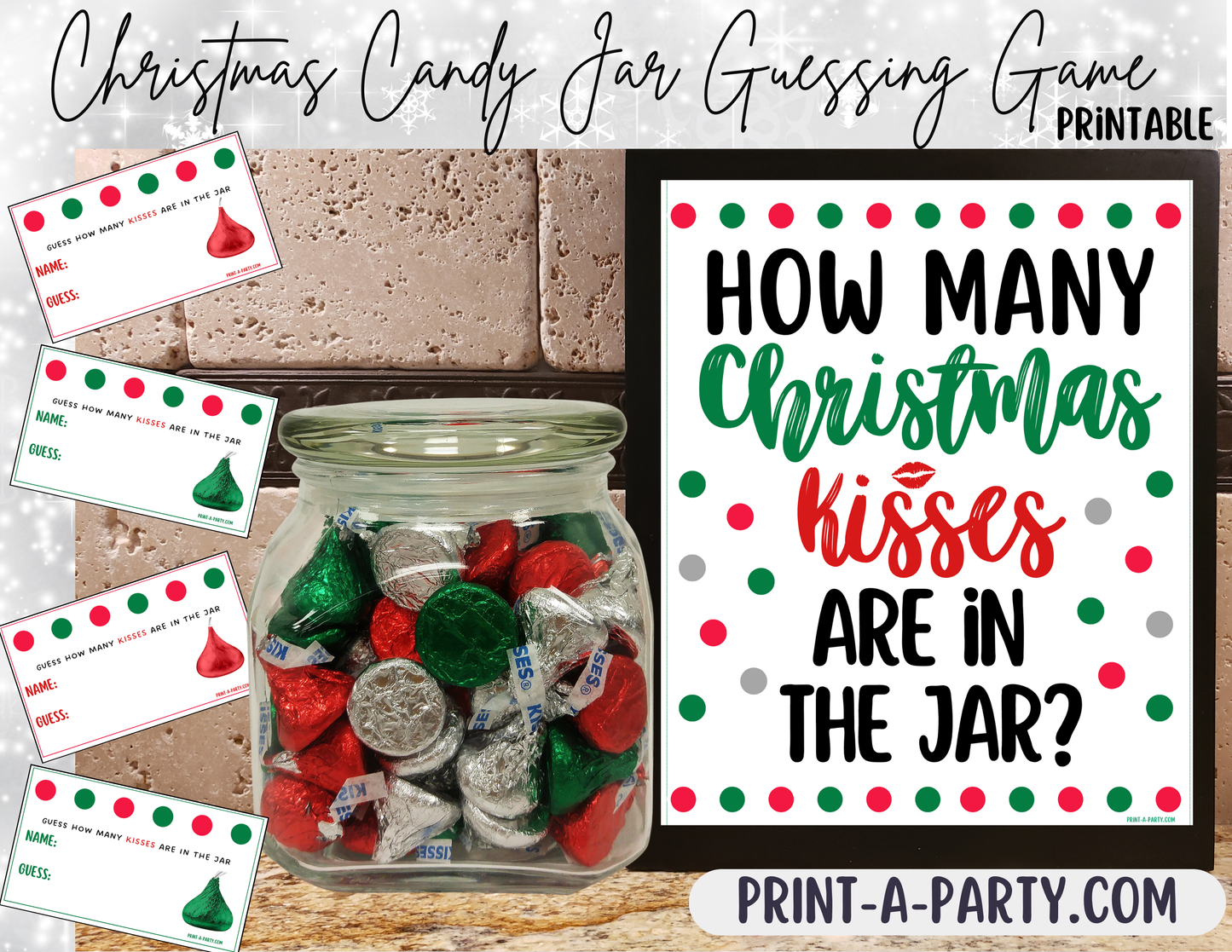 CANDY JAR GUESSING GAME - CHRISTMAS Chocolate Kisses | How many Christmas kisses in jar | Holiday Party | Christmas Party DIY | Printable