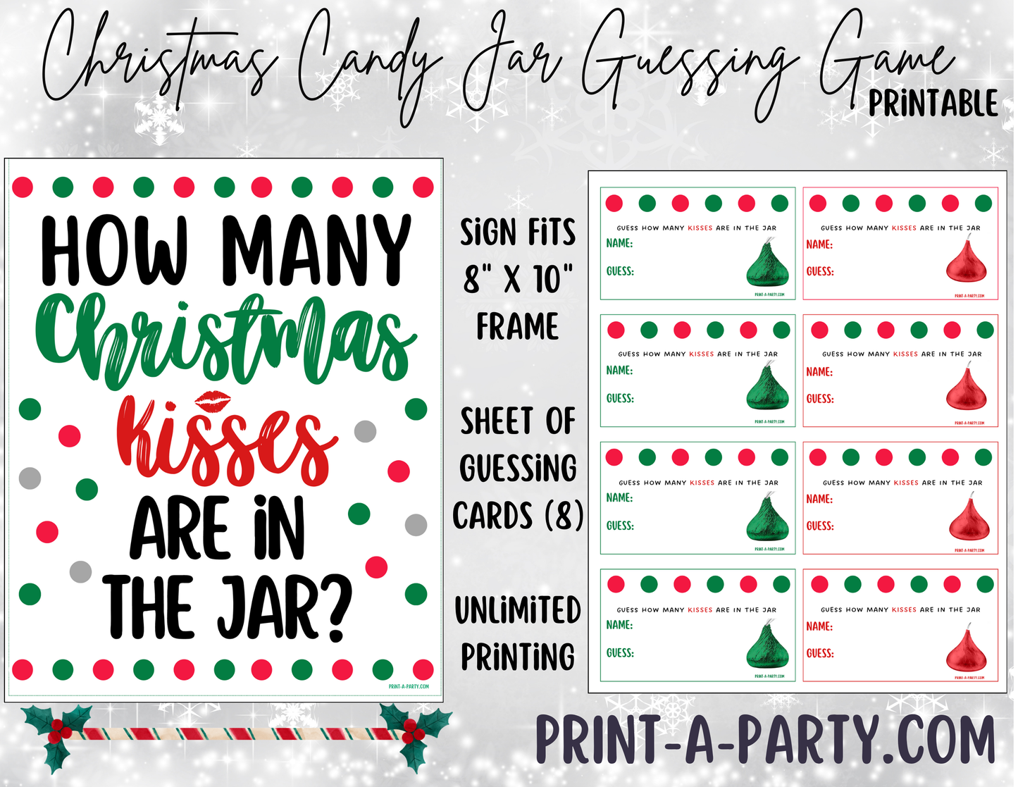 CANDY JAR GUESSING GAME - CHRISTMAS Chocolate Kisses | How many Christmas kisses in jar | Holiday Party | Christmas Party DIY | Printable