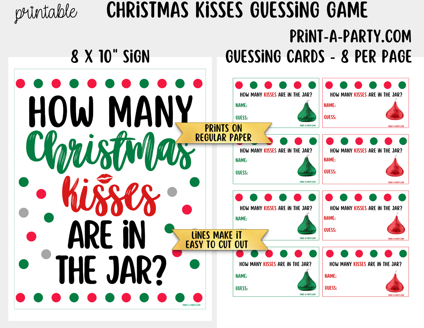 Christmas Kisses Jar Game Printable Sign (8x10) & guessing cards for holiday parties and events